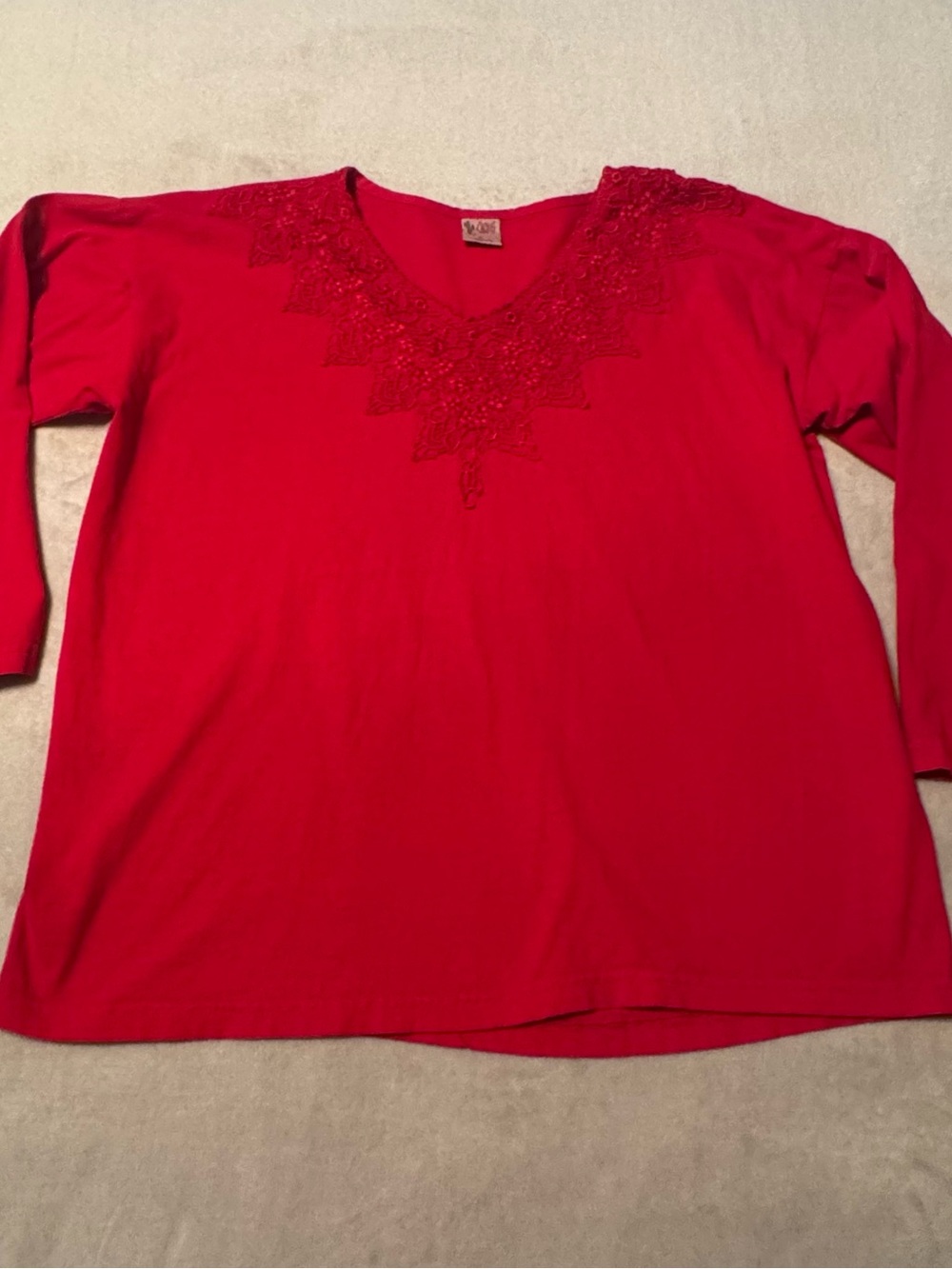 Vintage Cactus Lace Applique Long Sleeve Blouse Red Size XL